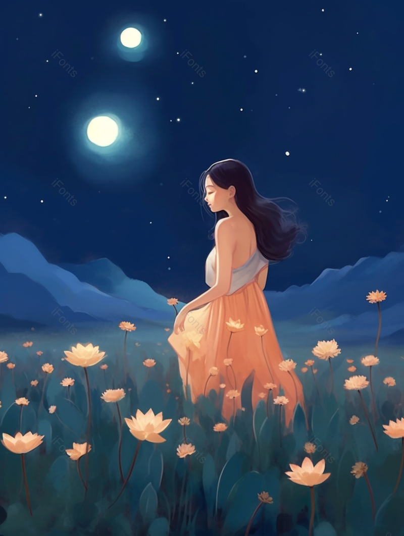 夜晚花丛中的女孩,插画/手绘图,插画/手绘图库,插画/手绘图下载,插画/手绘